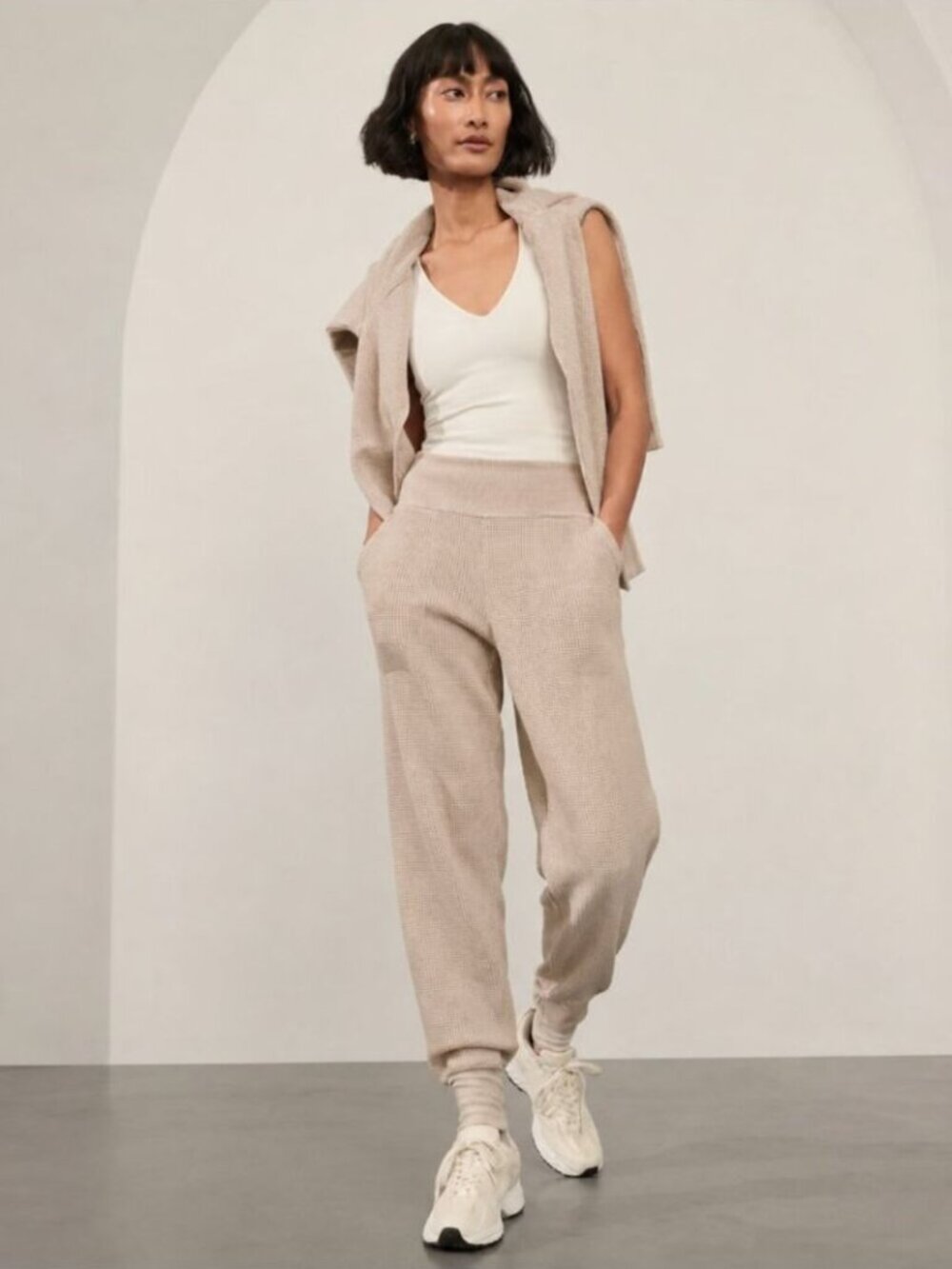 Athleta Coaster Luxe Waffle Set Jogger + Hoodie Dune Beige Tan Size Large/XL